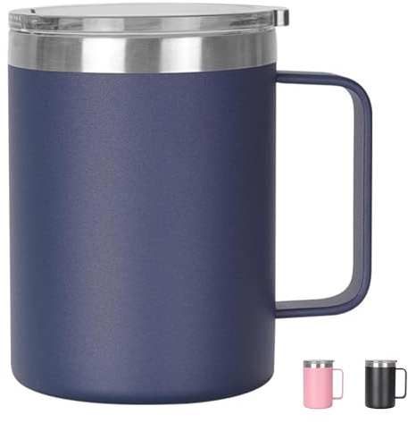 Thermal Mug, Insulated Coffee Mug with Handle and Sliding & Straw Lid, Leakproof Reusable Double Walled Vacuum Stainless Steel Travel Camping Cafe Tumbler Cup,Dishwasher Safe (Blue, 16 oz)