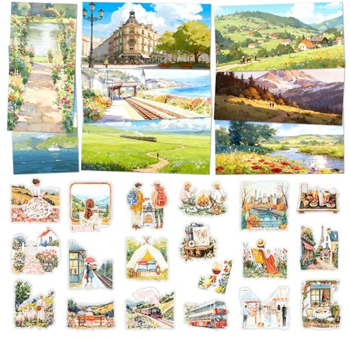 Mayplous Vintage Collage Kit – 4 Set PET Landskapsklistermärken + 16 Retro Naturpapper, Resa, Camping, Landsbygd, Stadstema för Scrapbooking, Junk Journal, DIY Hantverk (Sunny)