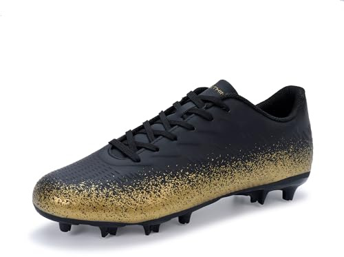 FEETHING Adult Soccer Cleats Lightweight Breathable Football Shoes with FG Studs for Men and Women Enhanced Traction for Firm Ground,Black/Gold,6