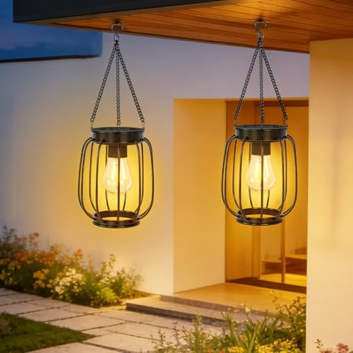OUTONLIFE Lanterna Solare da Esterno, Metallo Impermeabile, LED Bianco Caldo, Accensione/Spengimento Automatico, Lanterna Decorativa Luminosa per Giardino, Patio, Cortile, Veranda, 2 Pezzi
