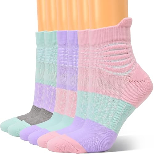 IRAMY Calcetines Compresion Mujer con Soporte de Tobillo Compression Running Socks Calcetas Deporte con Cusión para Plantar Fasciitis (Pink+Purple+Green S)