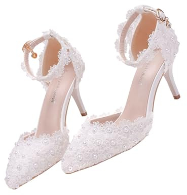MAJORMENCH Zapatos de Novia Blancos Tacón Fino de 75 CM Punta Puntiaguda y Diseño de Tira Ajustable Calzado Elegante para Boda y Fiesta Sandalias de Tacón Alto para Mujer