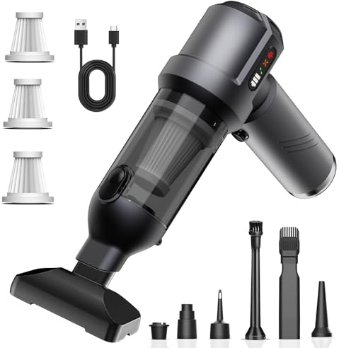 DkevEu 25000Pa Aspiradora de Mano, 4 en 1 Portátil Aspiradora Coche Inalámbrica, con Vaciado Automático 1 Botón, Recargable Aspirador para Coche, Casa, Pelo de Mascotas (Gris)