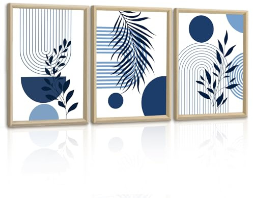 3 Pcs Quadri Moderni Boho Blu Navy Geometrica Linees Stampe da Parete, Estetica Foglia Linees Rotonda Stampa Su Tela Minimalista Quadro Moderno Pittura Decor per Soggiorno Camera da Letto 40x60cmx3