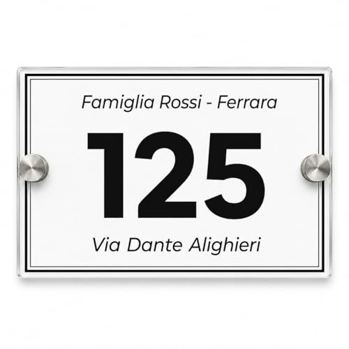 Numero Civico Esterno Personalizzato in Plexiglass, Targa Numero Civico con Nome Famiglia e Via per Casa, Ingresso,Porta,Indirizzo,Cassetta postale,targhetta distanziali in acciaio inox (15x10)