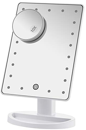 PUVLISZ Makeup Mirror with Lights, 21 LED Lights Vanity Cosmetic Touch Screen, 10x Magnification Detail Mirror, 180° Free Rotation, Dual Power Supply Light