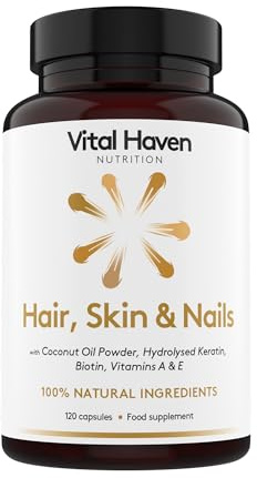 Vital Haven Hair, Skin & Nails Supplement - Biotin + Keratin + Vitamin A, E & Coconut Oil - UK Made