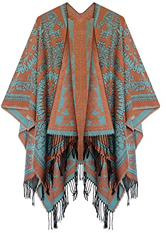 Urban CoCo Women's Printed Tassel Open front Poncho Cape Cardigan Wrap Shawl, Series 18-orange Pink, One size