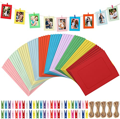Belle Vous Set Cornici Foto da Parete da 50 in Carta con Corda e Mollette per Foto - 11,5 x 15,3 cm - Porta Foto con Mollette da Appendere per Decoro Parete di Casa, Scuola, Ufficio, Festa - 10 Colori