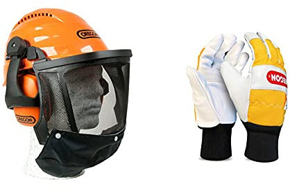 Oregon 562413 Waipoua Professional Chainsaw Safety Helmet with Protective Ear Muff and Mesh Visor, Hard Hat Safety Protection Equipment & Chainsaw Protective Gloves, Leather – Pair (M)