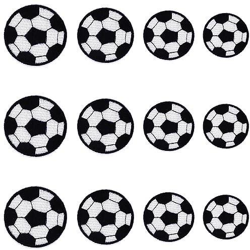 JKJF 12 toppe ricamate a forma di pallone da calcio, termoadesive, per vestiti, zaini, scarpe, giacche, jeans, cappelli, 4 misure