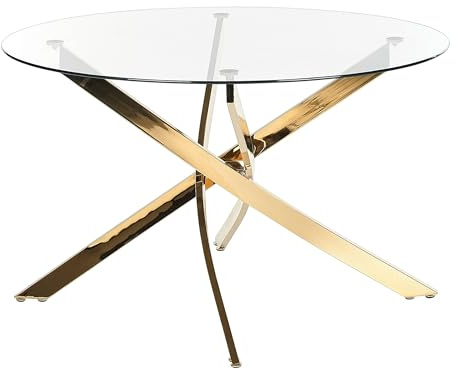 Beliani Mesa de Comedor Redonda Glamour ⌀120 cm Tablero de Vidrio Templado Patas Doradas Maramo