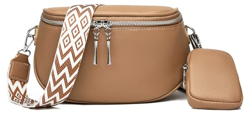 DIAOZI Umhängetasche Damen PU Leder Crossbody Bag Damen Breiter Gurt Moderne Schultertaschen für Damen mit Geldbörse Handytasche zum Umhängen Stylisch Kamel