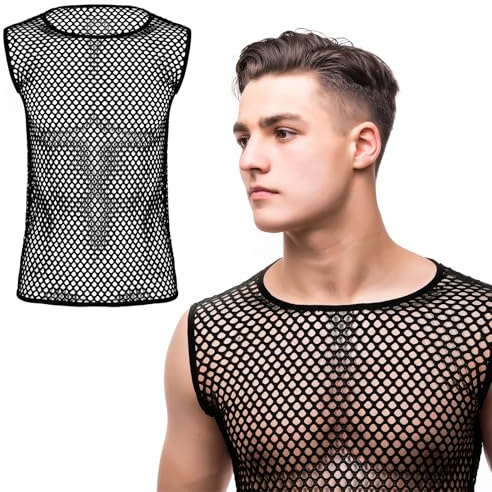 Boyiee Men's Mesh Fishnet Vest Tank Top Mesh Fishnet Fitted Muscle Top Muscle Men's Vests Hollow Out Workout T Shirt(X-Large) Black