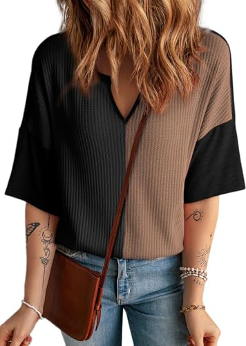 Dokotoo Womens Tops Colorblock Patchwork Waffle Knit Shirts Black XL