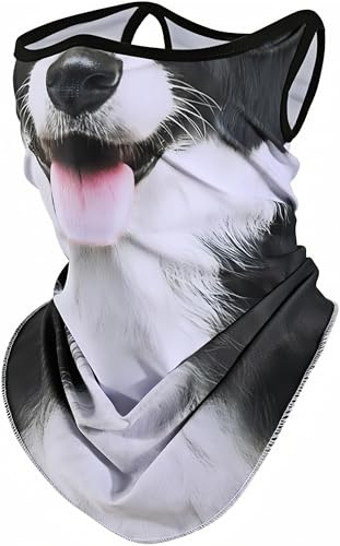 YJPPDD Cute Bandana Face Mask, 3D Animal Neck Gaiter Face Mask Scarf with Ear-Hanging for Ski Hiking Riding Sports Outdoor (Border Collie)