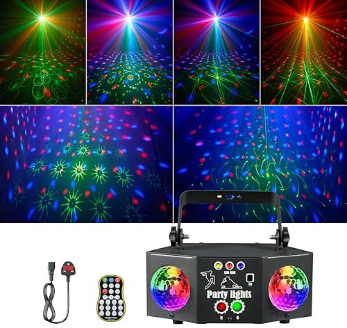 LED Disco Lights with Laser & Strobe – Sound Activated DJ Party Light with Remote, RGB Stage Lighting & Disco Ball Light for Home, Weddings, Kids Party & Dance Floor