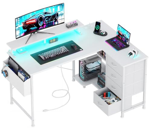 VERMESS Corner Desk with 4 Drawers, L Shaped Computer Desk with LED Lights & Power Outlets, 120x90cm Reversible Home Office Workstation with Monitor Stand, Writing Desk with PC Stand, White