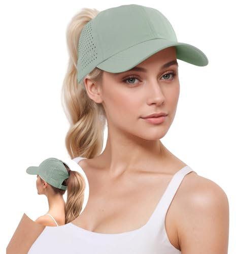 YAMEE Damen Baseballkappe Sommer, Mesh Atmungsaktive, Pferdeschwanz-Loch, Schnelltrocknend, Armeegrün