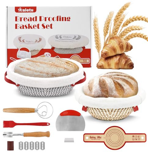 Banetones para Pan, Banneton de cuerda de algodón (23 cm redonda y 25 cm ovalada) con forro, 2 cesta pan con eslinga, batidor danés, raspador de masa, Cuchillo de Panadero y cepillo