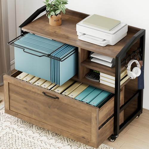 HSH Mobile Lateral File Cabinet with Drawer, Rolling Filing Cabinet for LegalLetter Size, Printer Stand with Storage Shelf, Lockable Wheels, Hanging File Organizer for Home Office, Rustic Oak, 84 cm