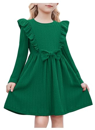 Arshiner Niñas Vestidos Mangas con Volantes Niños Pajarita de Punto Acanalado A-Line Fiesta Otoño Invierno Manga Larga Vestidos para Niñas 7-8 Años Verde Oscuro