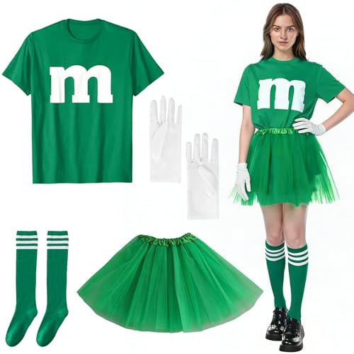 GOUYENG Costume M et M Pour Femme,T-Shirt Imprimé M,Costume de Carnaval,avec Tutu,Gants,Chaussettes à Rayures,Costumes de Groupe,T-Shirt de Carnaval,pour Carnavals Halloween Jeu de Rôle(M)