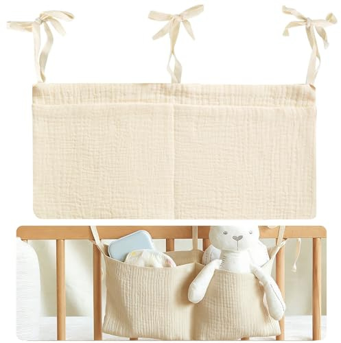 Babybett Organizer, Kinderzimmer Hängender Bett Organizer mit 2 Taschen, Organizer Beistellbett Baby Betttasche Spielzeugtasche Aufbewahrungstaschen für Betten für Windeln Kleidung Spielzeug (Beige)