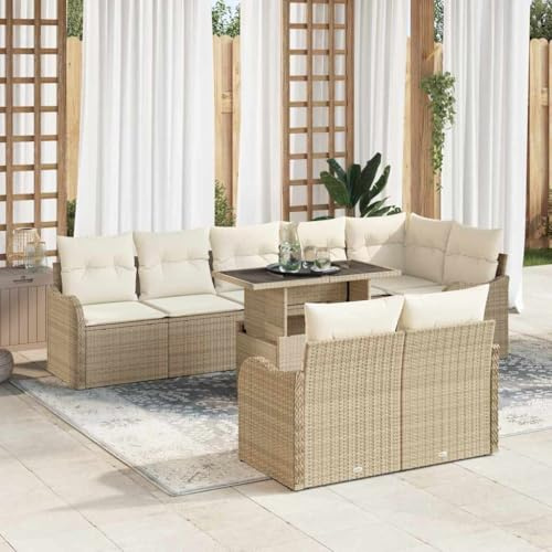 Mokuyary loungeset med kudde, 9 st, beige, poly rotting trädgårdsmöbelset, utomhus, balkongset, terrassmöbler, trädgårdslounge, sittgrupp för terrass, balkong, trädgård