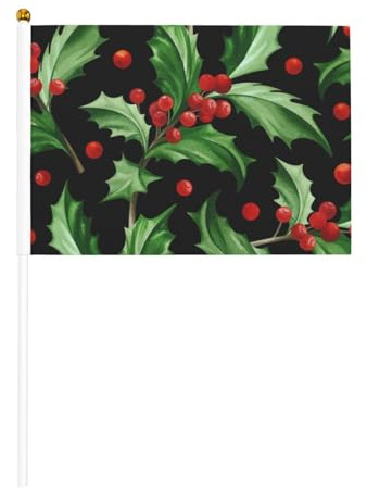 6 banderines de mano personalizados con diseño de acebo navideño y mástil, ideales para fiestas callejeras.