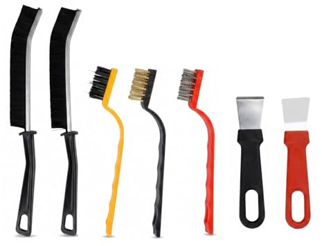 Kit Limpieza 7 Piezas - 2 Cepillos para Ranuras, 3 Cepillos Multi-Material (Nylon/Silicona/Acero), 2 Espátulas - Juntas Azulejos Cocina Baño Rejillas Coche