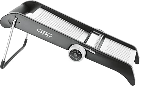 GSD Profi Mandoline, Edelstahl/Kunststoff Silber-Schwarz, mit ergonomischen Restehalter und Gummifüßen, Maße:46 x 15,5 x 24cm, 30061