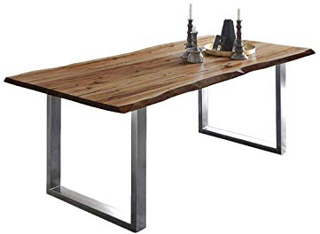 SAM Esszimmertisch 140x80 cm Noah, echte Baumkante, Esstisch aus Akazienholz nussbaumfarben & massiv, U-Gestell aus Edelstahl, Baumkantentisch mit 26 mm Platte