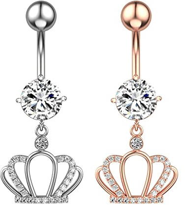 Gualiy 2 Pezzi Ombelico Anello Acciaio Chirurgico 14G, Piercing Pendenti Ombelico Corona Bianco Zirconia Cubica Argento Oro Rosa Piercing Ombelico