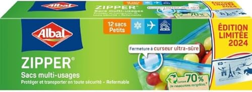 Albal - 12 Sacs multi-usages Zipper - Petit Modèle 1L - Pour conserver, congeler, ranger ou transporter - Fermeture à curseur - Réutilisable