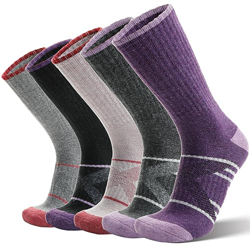 ANTSANG Calcetines de Senderismo Caminata en Lana Merino Cálidos con Tela Térmica Espesos con Amortiguamiento Transpirables para Hombre Mujer(36-42, Violeta/Rosa/Negro Violeta)