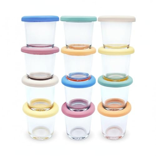 Elk and Friends 4oz Borosilicate Glass Baby Food Storage Jars with Silicone Lid | Strong Glass |Microwave, Oven & Dishwasher Safe | Infant and Babies | 12 Pack