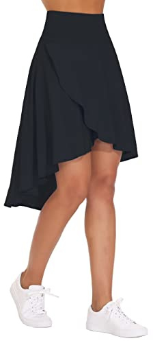 THE GYM PEOPLE Women's High Waist Wrap Ruffle Hem Asymmetric Skort High Low Flowy Midi Skirt with Shorts Black