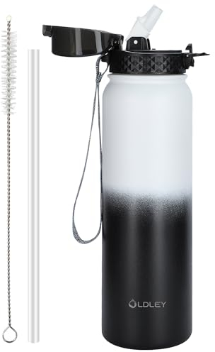 OLDLEY Bouteille d'eau en Acier Inoxydable avec Paille 1L Isotherme Sous Vide Grande gourde en Métal Étanche Garder les Boissons au Chaud et au Froid pour Vélo Camping Sports Gym Adulte Femme Homme