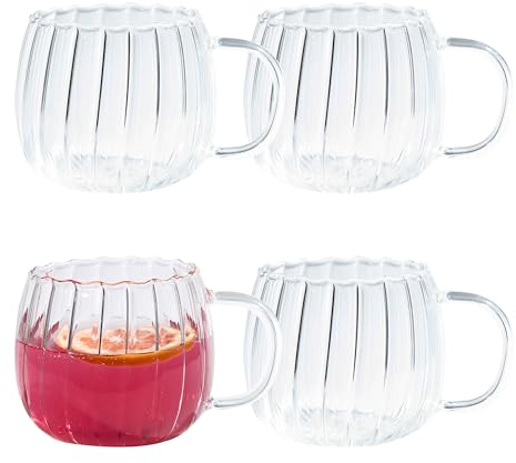 Eden & Willow Borosilicate Glass Tea & Cappuccino Cup with Handle, Ideal for Hot and Cold Beverages - 350ml (Set of 4, Striped)