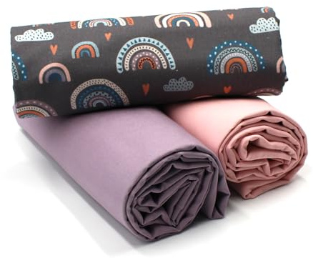 VmG-Store 1,5m Baumwollstoff Set Designstoff + 2x Uni farblich abgestimmt 100% Baumwolle Material Auswahl (Regenbogen Pastell Grau Set04)