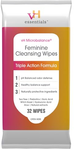 vH essentials Feminine Cleansing Wipes 32 ct. pH Balanced, Prebiotics, Tea Tree & Aloe, Soothing Witch Hazel, Odor-Blocking Formula, Vaginal and Perianal Care, Paraben, Alcohol, and Fragrance-Free