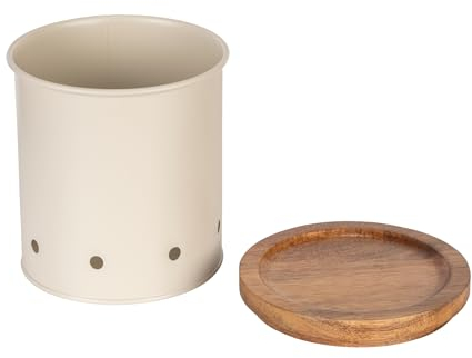 WENKO 54046100 Aufbewahrungsdose Aria 1,6 Liter, Metalldose mit Akazienholz-Deckel, luftdurchlässig, Ø 13,5 x 15 cm, Beige, pulverbeschichtetes Metall, Creme