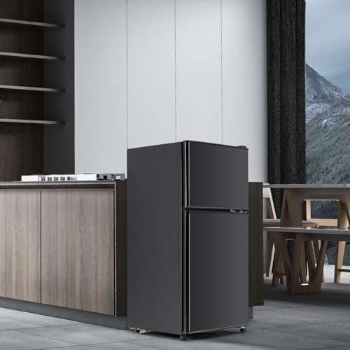 Réfrigérateur combiné, double porte, volume total 60 litres, volume du congélateur 22 litres, volume du congélateur 38 litres. 172 kWh/an, éclairage LED. Noir [Classe d'efficacité énergétique F]