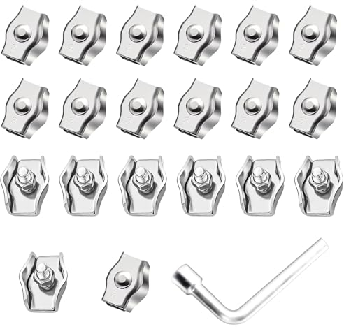 20 STK Drahtseilklemme M3, 304 Edelstahl Seilklemme Set, Drahtseilklemmen 3mm, Kabelklemmen, Drahtseil Clips Klemme für Stahlseil Drahtseil Wäscheleine Markise Fixiert, mit 7mm Schraubenschlüssel