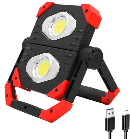 AuRiver Faro LED Ricaricabile, 3 modalità Lampada da Lavoro Portatile, 5000mAh Ricarica USB Lampada da Luce Lavoro COB, per cantiere Officina Garage e Alimentazione mobile di Emergenza (Rosso-2)