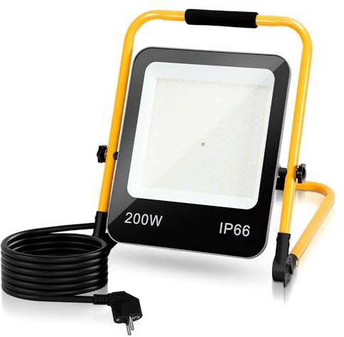 Jiubiaz LED Baustrahler 50W 5100LM Baustellenlampe IP66 Wasserdicht Arbeitsleuchte Strahler 6000K Kaltweiß Bauscheinwerfer 3M Kabel und Faltbarer Ständer für Baustelle Garage Werkstatt