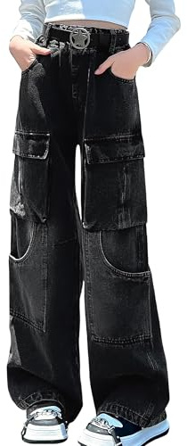 SEAUR Pantalones de mezclilla para niñas, pantalones de cargo de pierna ancha, pantalones de hip hop, pantalones de mezclilla sueltos, pantalones casuales de estilo callejero, Negro, 13-14 años