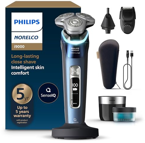 Philips Norelco i9000 Prestige Electric Shaver, Adriatic Blue | Skin-Level Close Shave, SenseIQ Technology, Beard Styling, Quick Clean Pod, Pressure Guidance, Premium Travel Kit