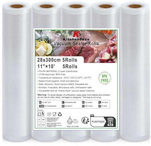 KitchenBoss Bolsas Envasar al Vacio：Bolsas Vacio Alimentos 5 Rollos 28x300cm, Rollos Envasadora al Vacio Adecuado para sous vide, sellador al vacío y Microondas